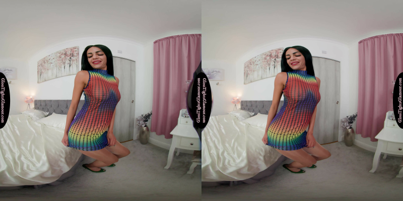 Selena In Multi-Coloured Dress With Glossy Natural Legwear - Image 1